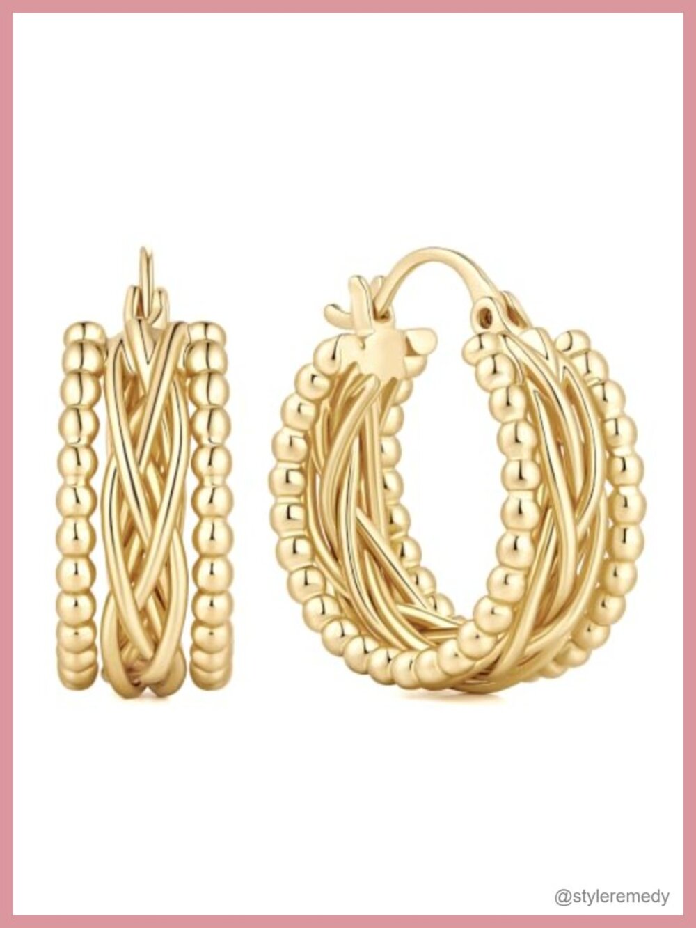 14K Gold Plated Hoop Earrings Beaded Texture Push Back Women